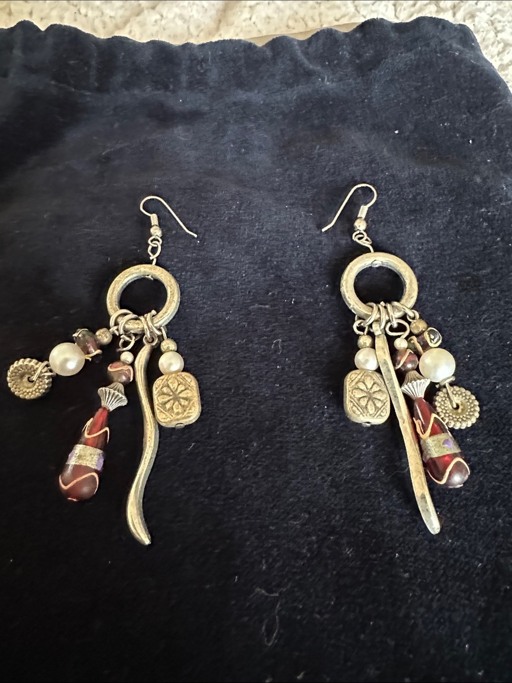 Gold-Tone Boho Dangle Earrings with Red/Brown Accent Beads